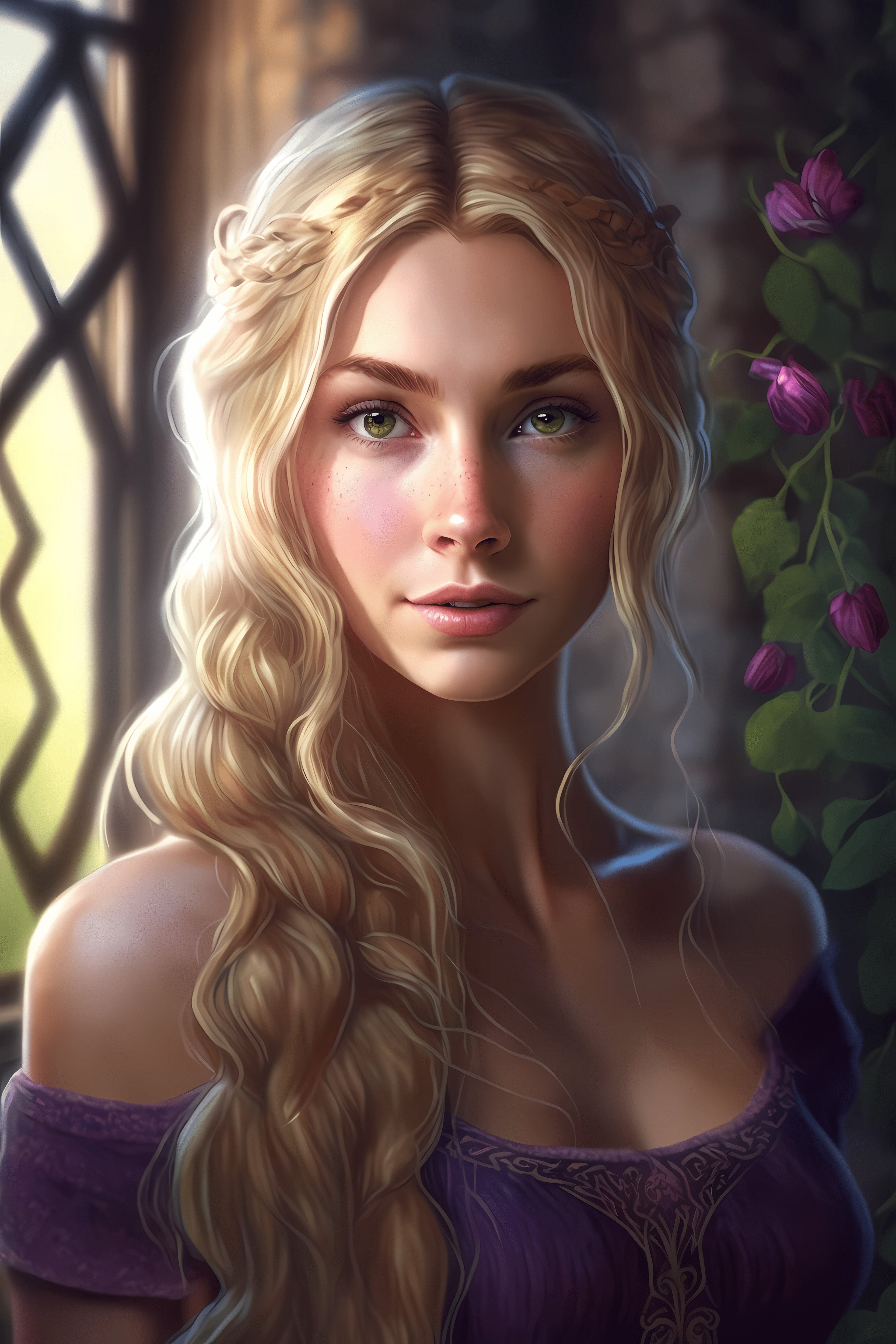 3840x5760 Wallpaper, artwork, women, Rapunzel, fantasy art, fantasy girl, princess, Disney princesses, blonde, long hair, looking at viewer, portrait, face, purple clothing, Phone