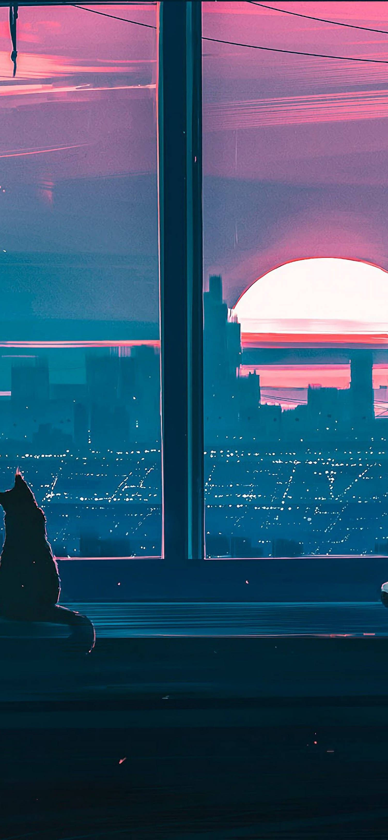 1510x3250 Download Entrancing Sunset Anime Aesthetics for iPhone Cat by The Window Wallpaper, Phone