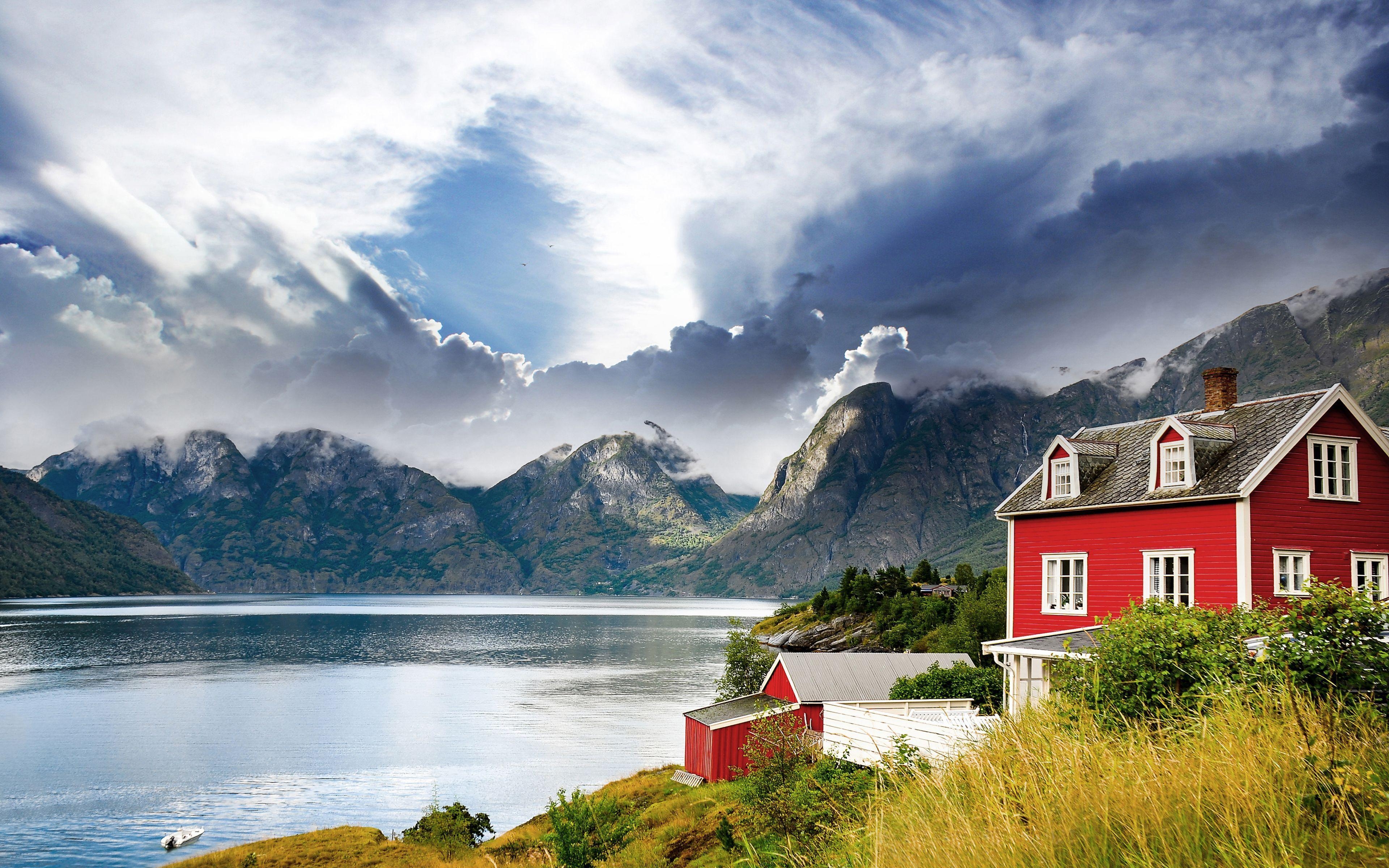 3840x2400 Beautiful house on a background of mountains in Norway wallpaper, Desktop