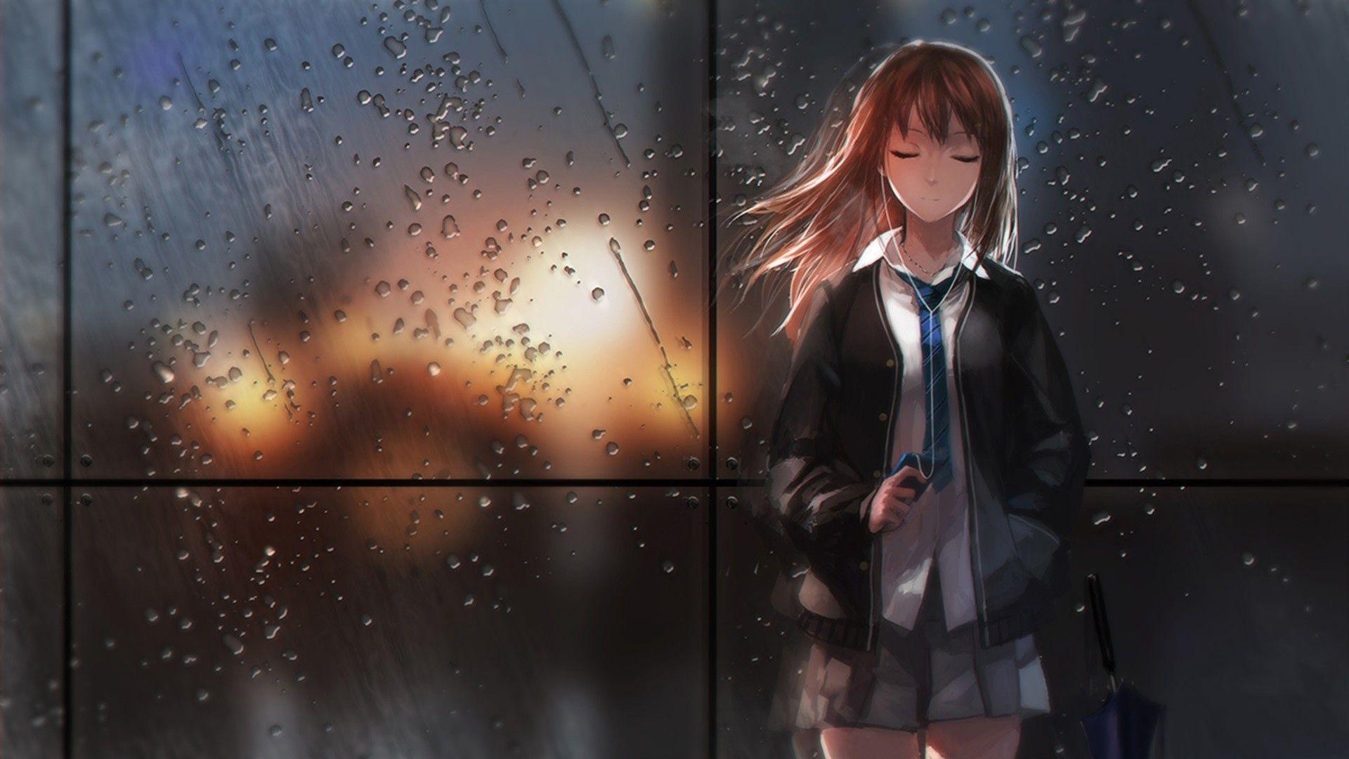 1920x1080 Download wallpaper  girl, anime, rain, glass, light, Desktop