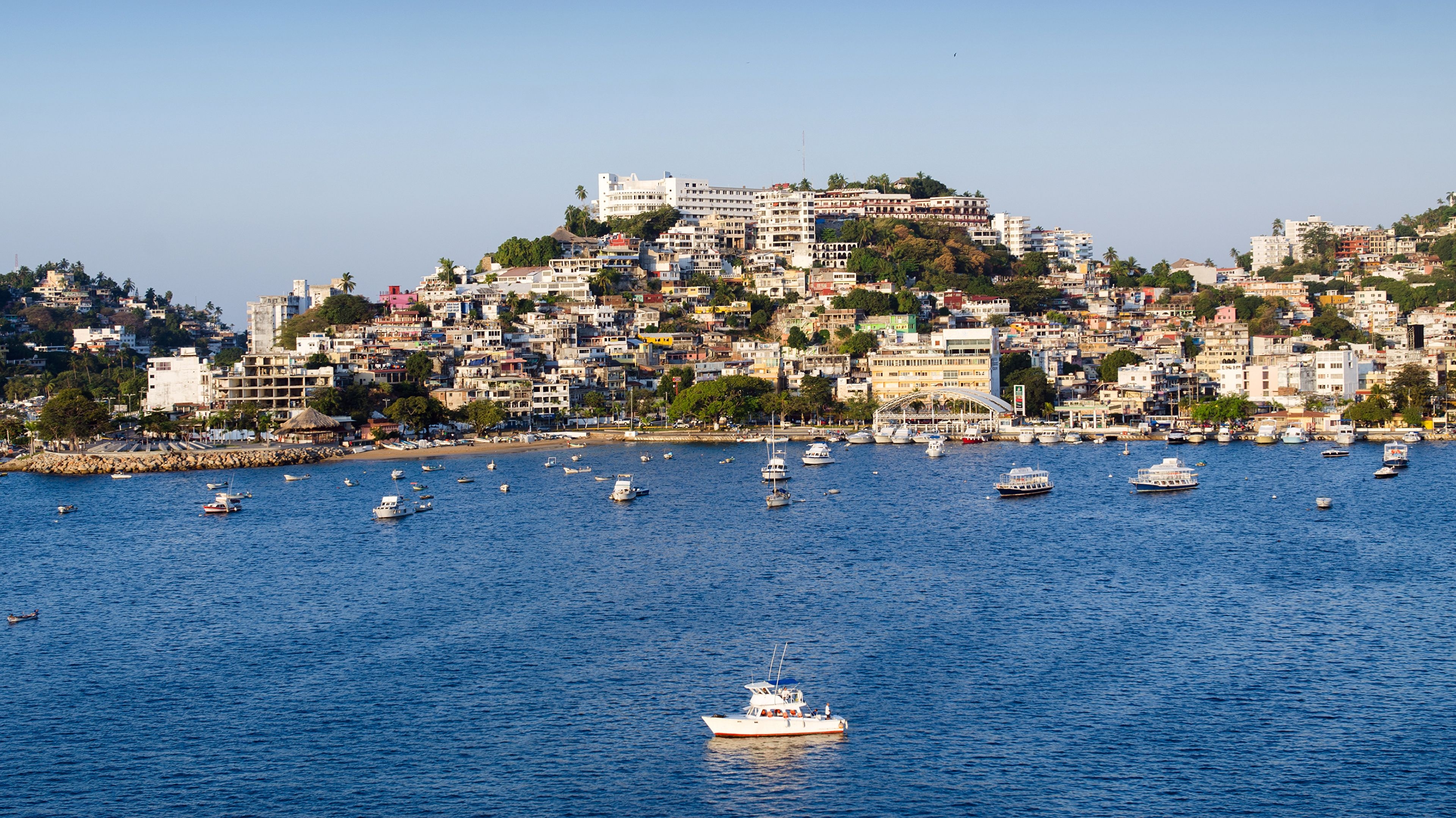 3840x2160 Desktop Wallpaper Mexico Acapulco Hill Bay Pier Motorboat, Desktop