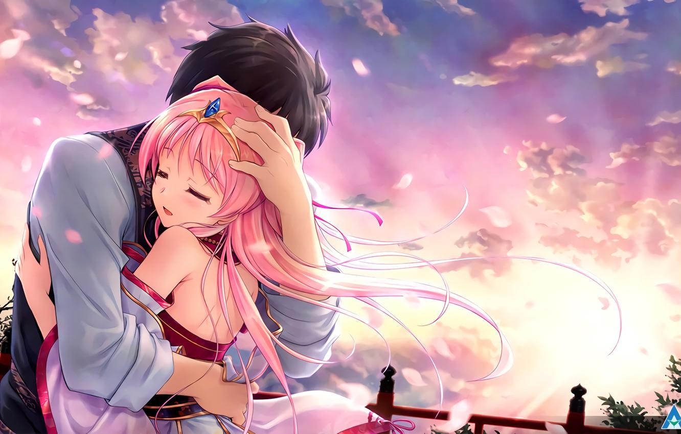 1340x850 Wallpaper girl, romance, anime, art, guy, two, hug, Desktop