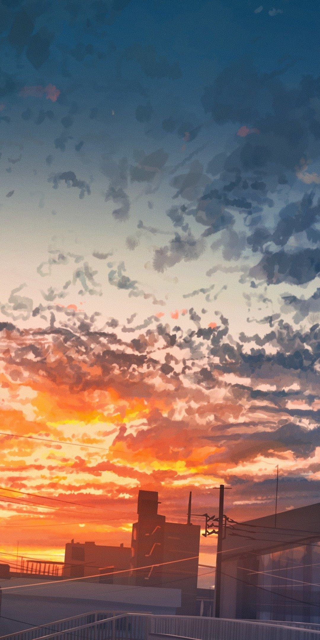 1080x2160 Download  Anime City, Sunset, Buildings, Clouds, Dawn, Scenic Wallpaper for Huawei Mate 10, Phone