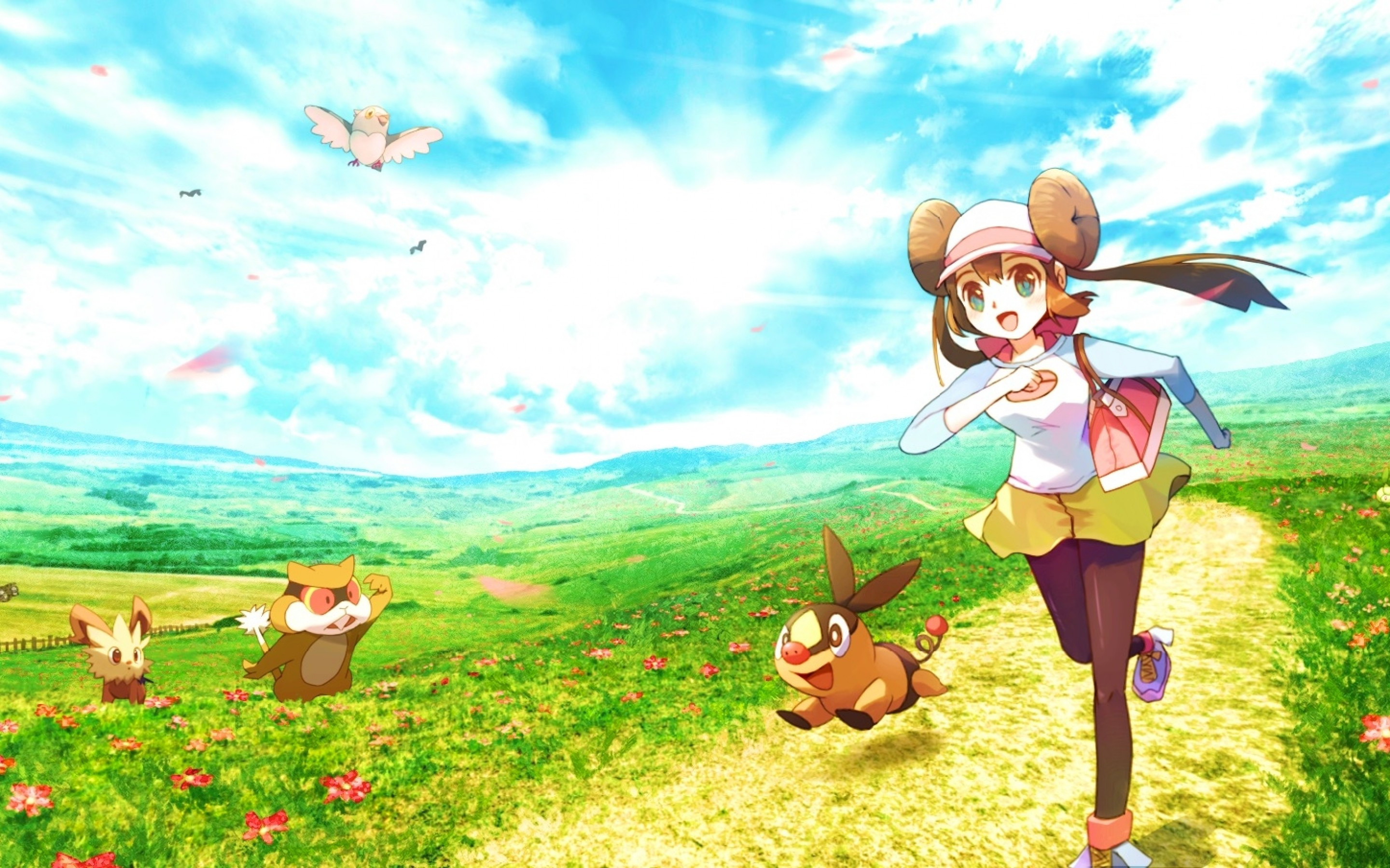 2880x1800 Download  Pokemon, Mei, Pidove, Lillipup, Minccino, Running, Anime Landscape, Scenic, Clouds Wallpaper for MacBook Pro 15 inch, Desktop