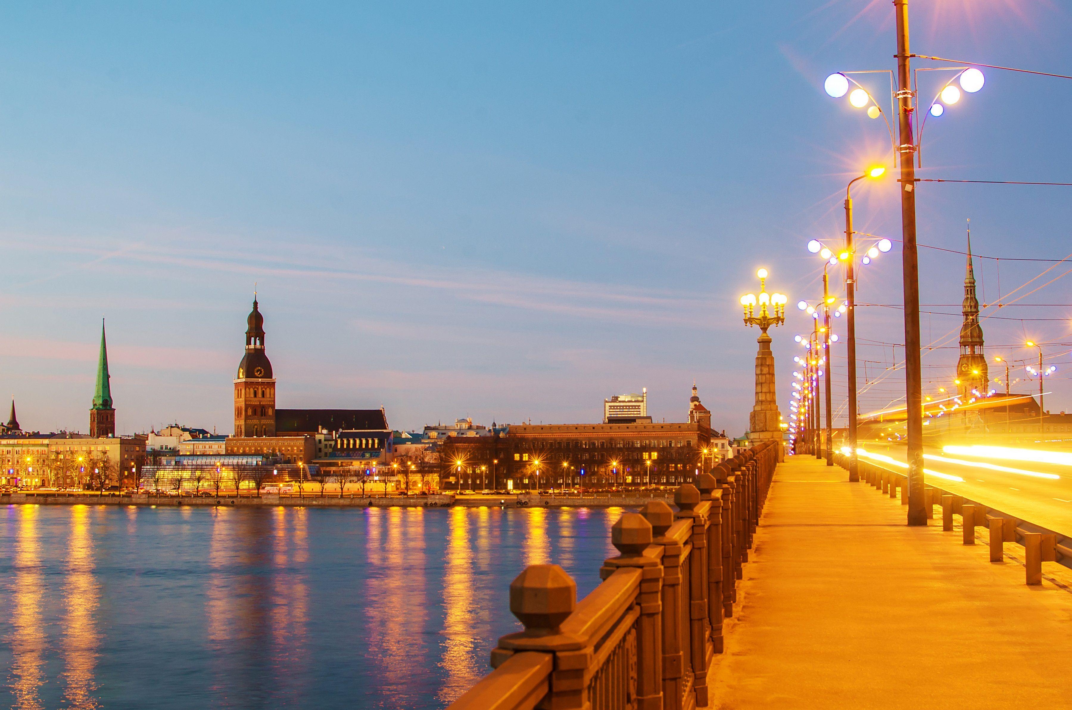 3600x2390 Latvia Houses Rivers Bridges Sky Night Street lights Riga Cities, Desktop