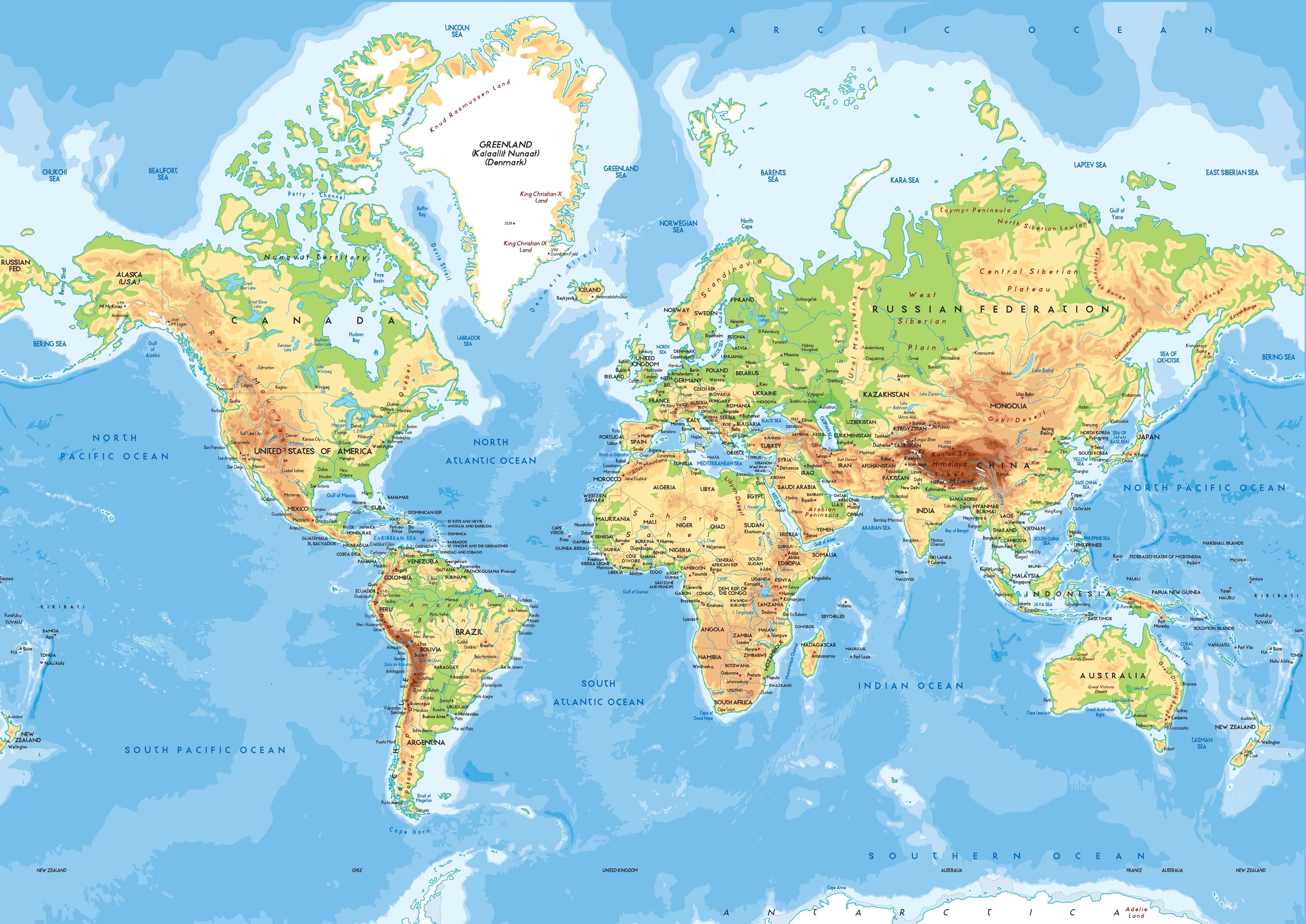 3500x2480 Physical World Map Wallpaper Mural, Desktop