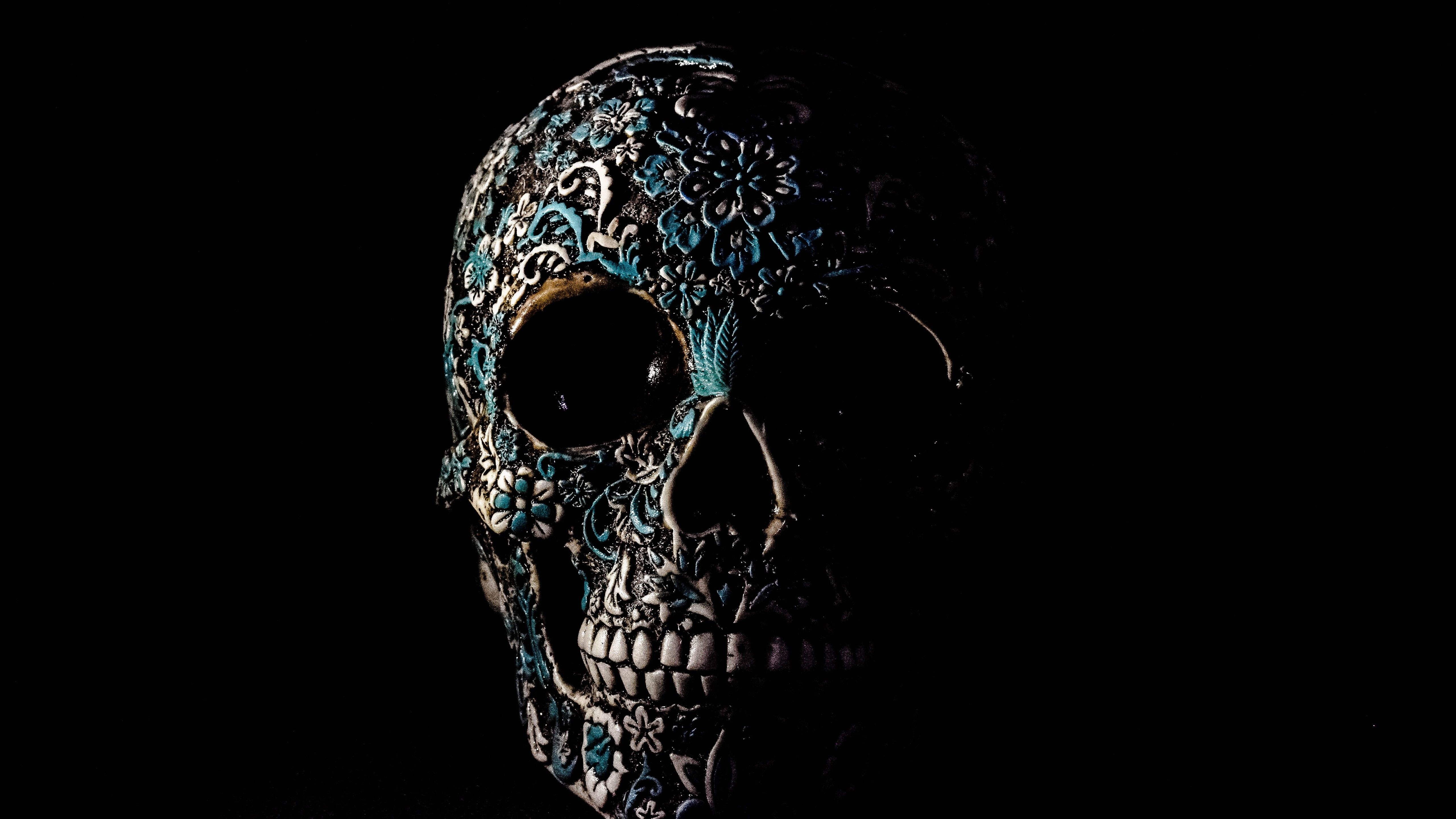 5120x2880 Skull 4K Wallpaper, Human, Skeleton, Black background, Art, 5K, Graphics CGI, Desktop