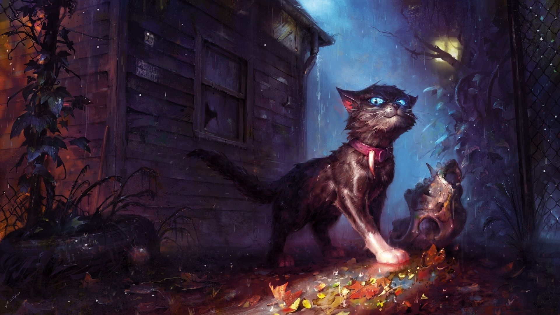 1920x1080 Download  Creepy Cat, Fantasy Pets, Raining, Autumn, Painting Wallpaper for Widescreen, Desktop