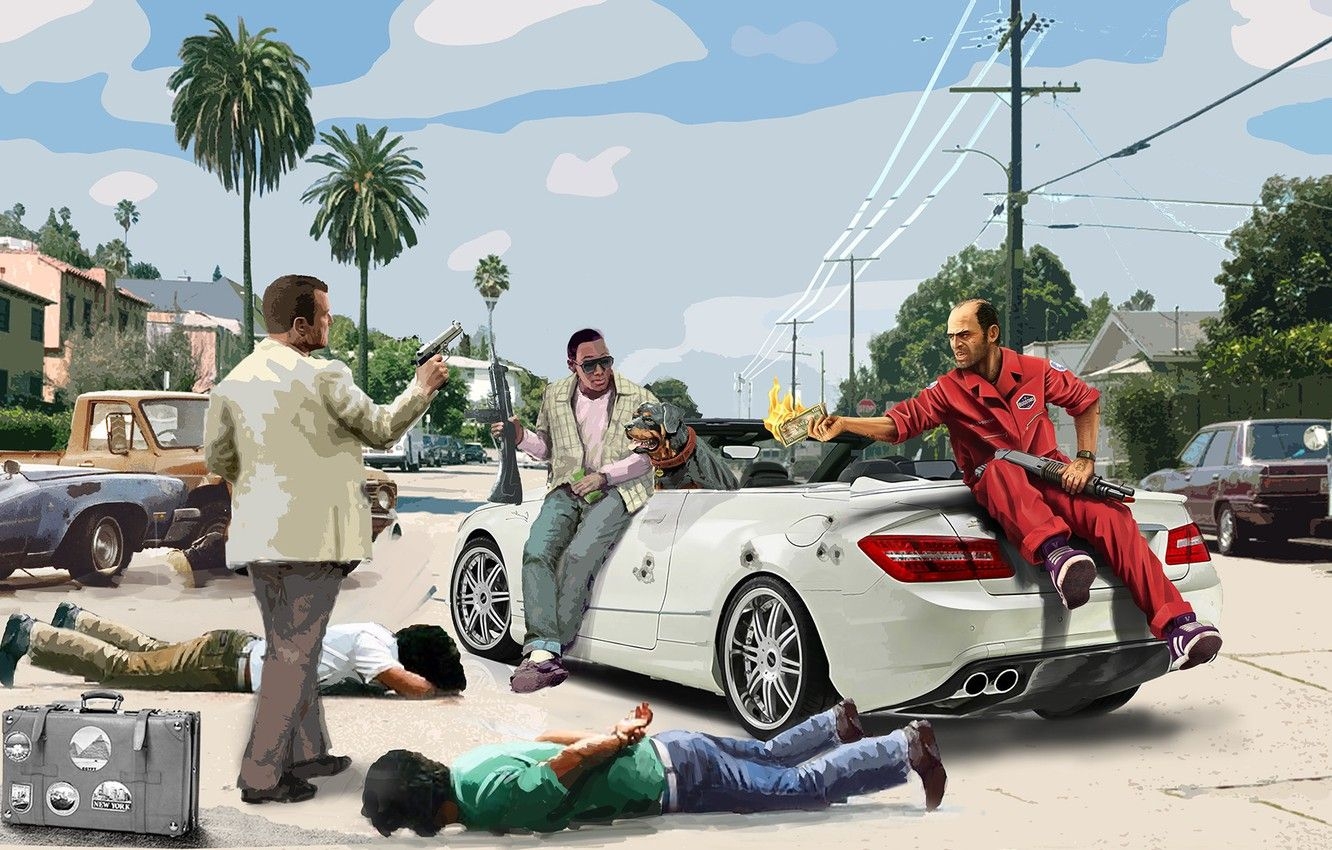 1340x850 Wallpaper Michael, Grand Theft Auto V, GTA Trevor, Franklin, Trevor Phillips, Chop, Franklin Clinton, Michael De Santa, Chop image for desktop, section игры, Desktop