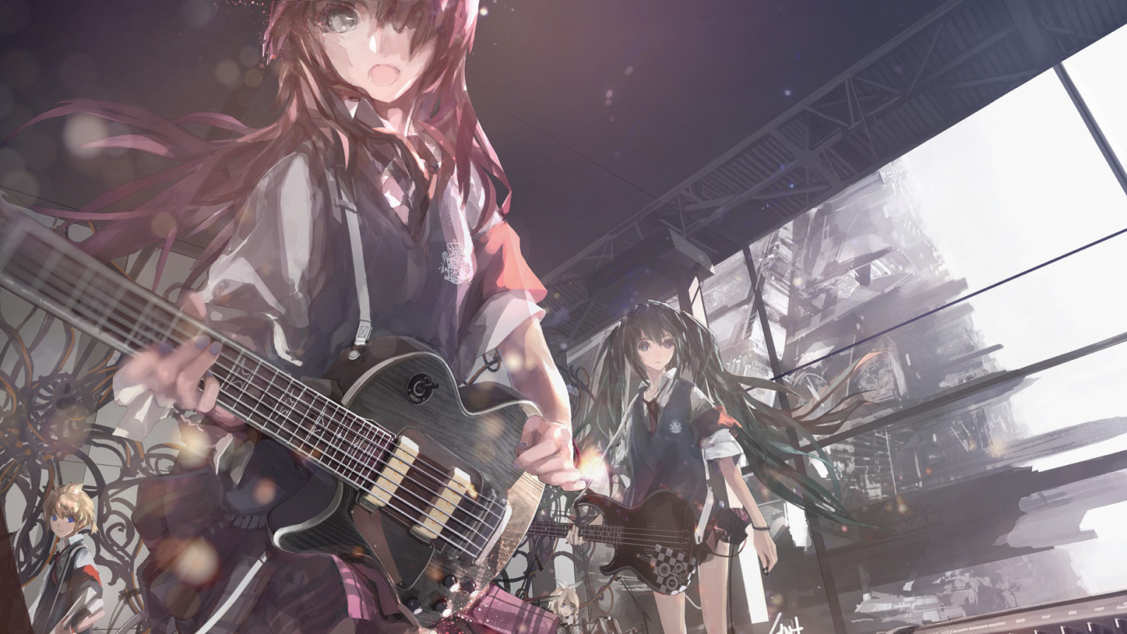 1600x900 anime, guitar, music, manga, musician, guitarist, singing, performance, stage, concert, performance art, bassist, rock concert, Desktop