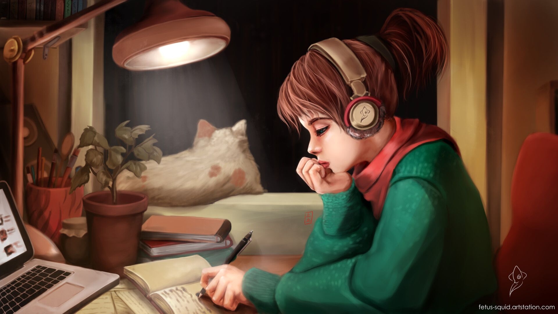 1920x1080 Studying Girl, Fetus Squid, Desktop