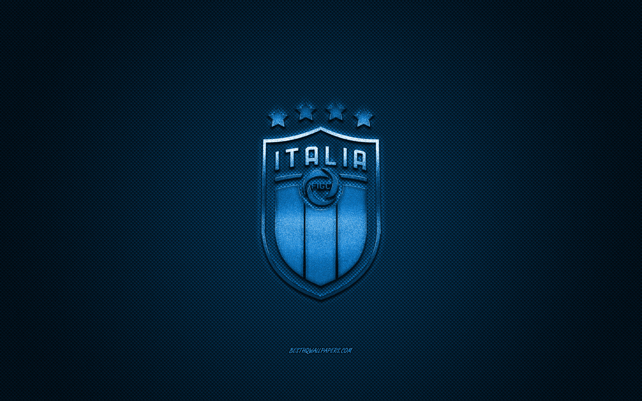 2560x1600 Download wallpaper Italy national football team, emblem, UEFA, blue logo, blue carbon fiber background, Italy football team logo, football, Bulgaria for desktop with resolution. High Quality HD picture wallpaper, Desktop