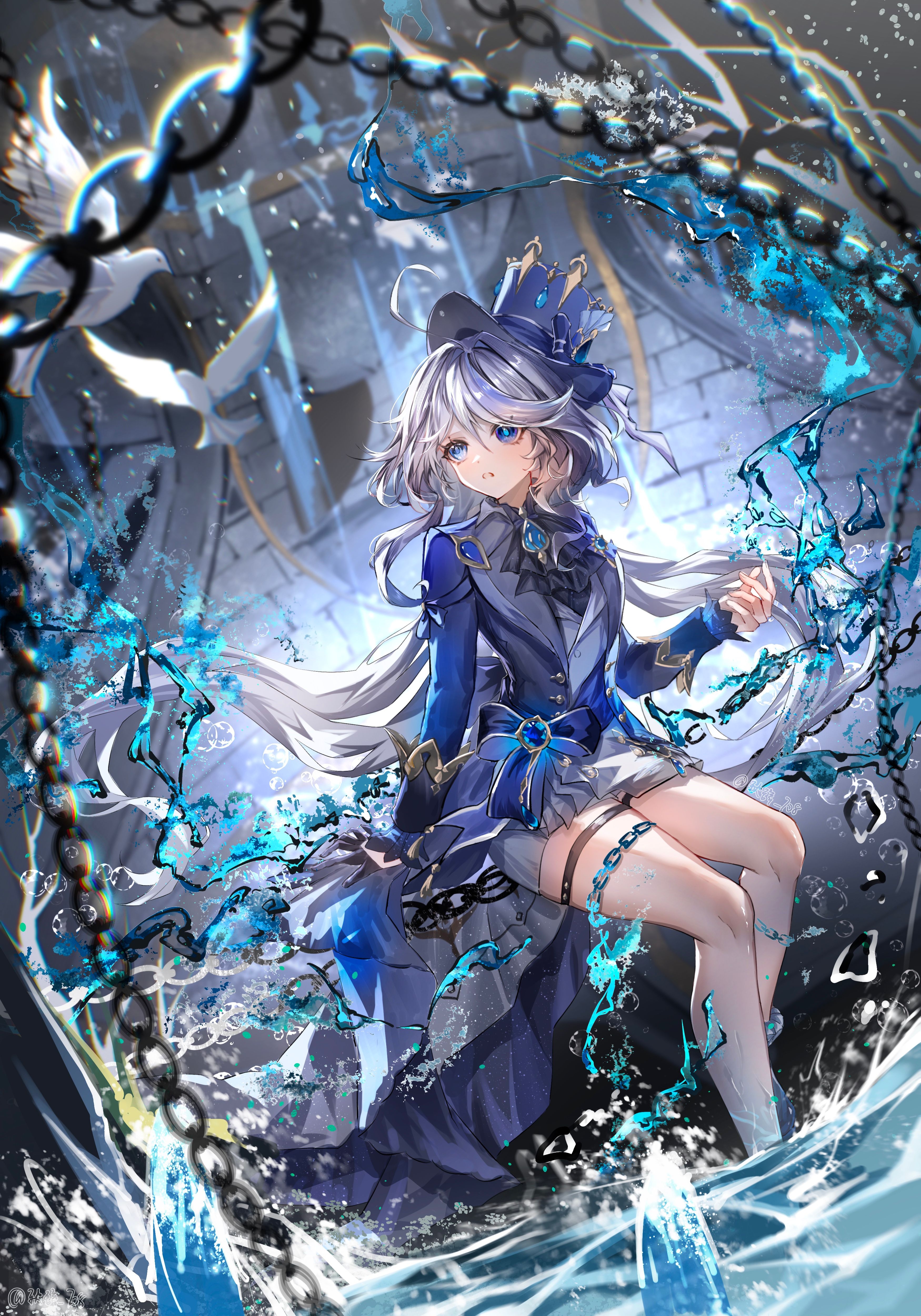 3500x5000 sitting, long hair, blue eyes, looking away, Genshin Impact, water, Furina (Genshin Impact), anime girls, portrait display, chains, birds, heterochromia, animals, silver hair, hatx5000 Wallpaper, Phone