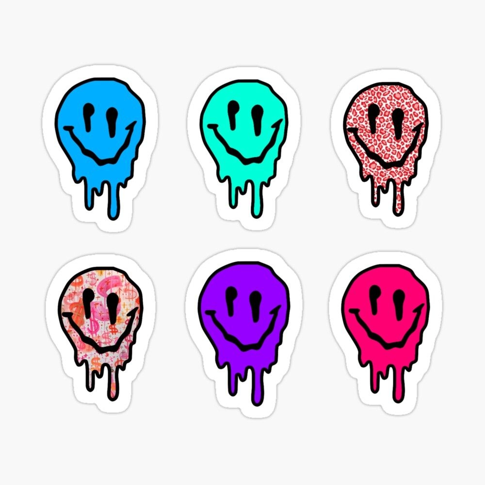 1000x1000 Assorted color and print drip smiley faces Sticker by abbyfischler. Cartoon smiley face, Drip smiley face wallpaper, Preppy stickers, Phone