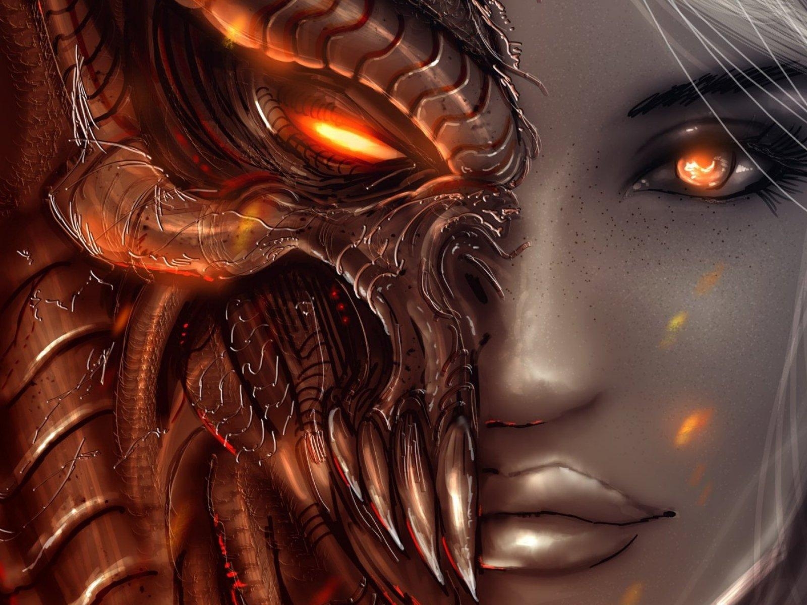 1600x1200 arts, Faces, Diablo, Girl, Angel, Demon, Eyes Wallpaper, Desktop