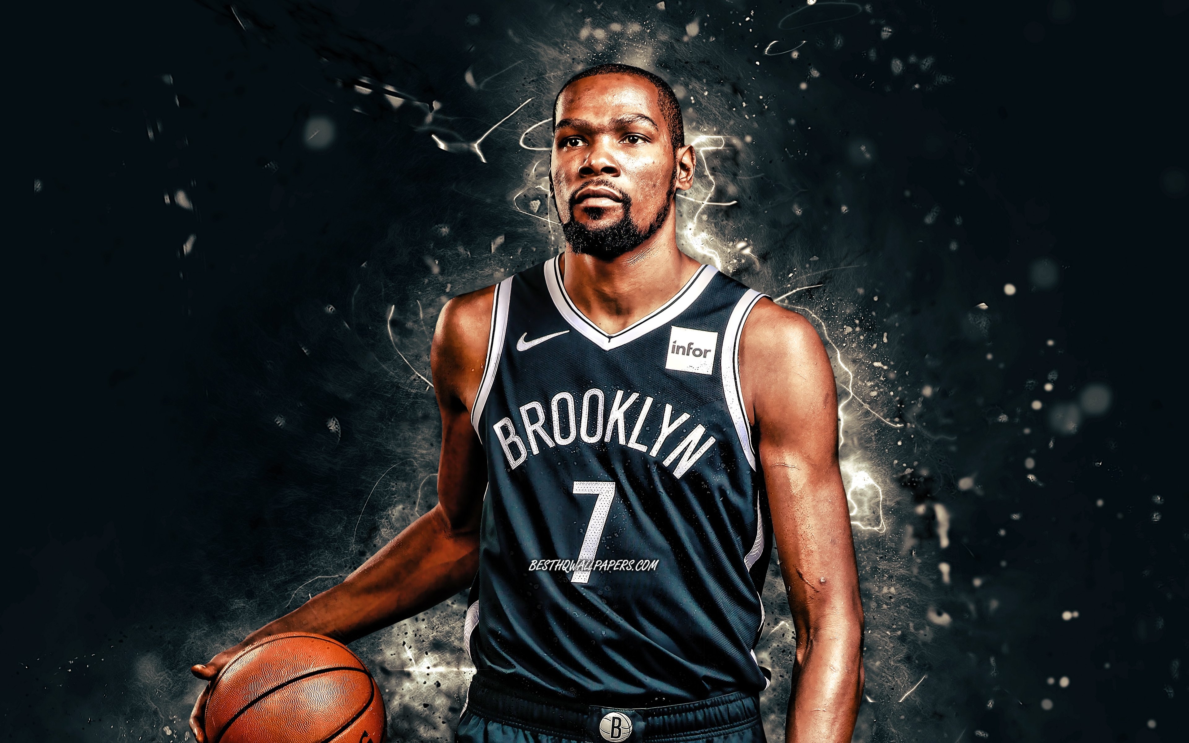 3840x2400 Download wallpaper Kevin Durant, 4k, Brooklyn Nets, NBA, basketball, Kevin Wayne Durant, USA, Kevin Durant Brooklyn Nets, white neon lights, Kevin Durant 4K for desktop with resolution. High Quality HD, Desktop