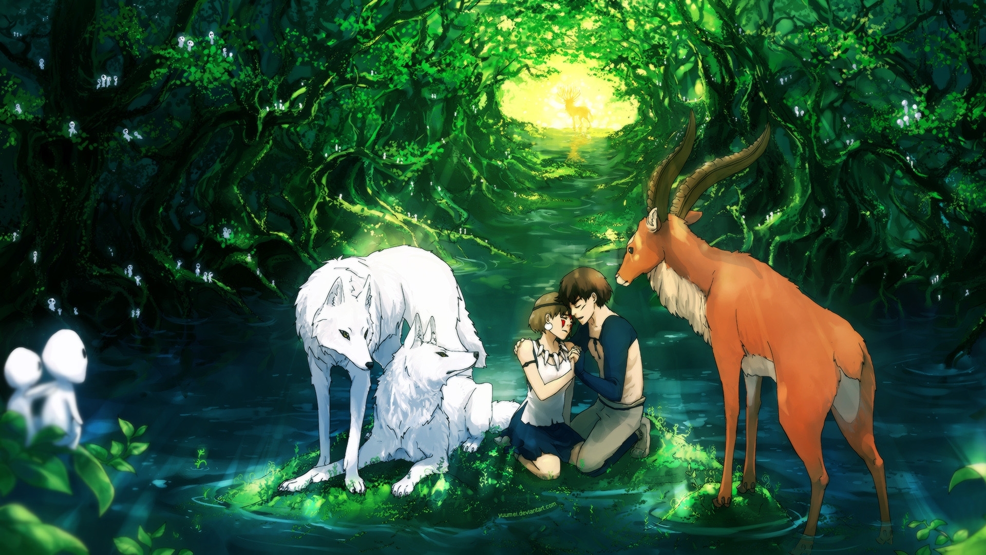 1920x1080 Wallpaper Princess Mononoke, San, Ashitaka, Forest, Wolves, Animals, Desktop