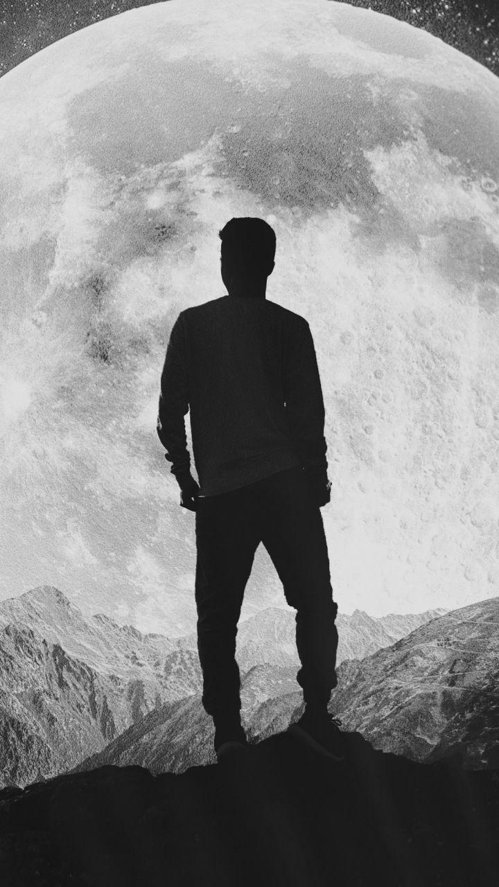 720x1280 Moon, silhouette, alone, explorer, man, mountains,  wallpaper. Alone boy wallpaper, Alone art, Alone man, Phone