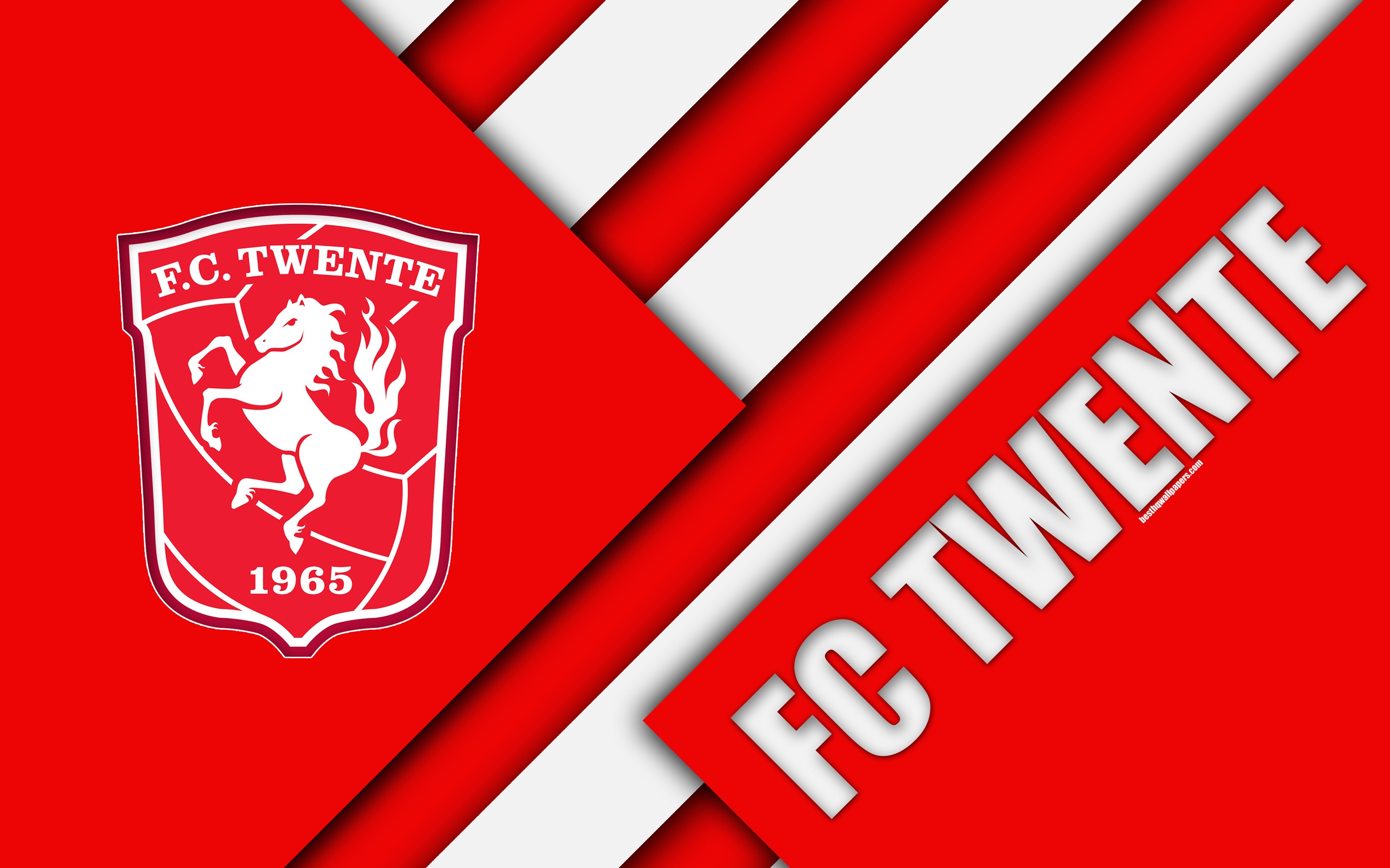 3840x2400 Download wallpaper FC Twente, emblem, 4k, material design, Dutch football club, red white abstraction, Eredivisie, Enschede, Netherlands, football for desktop with resolution. High Quality HD picture wallpaper, Desktop