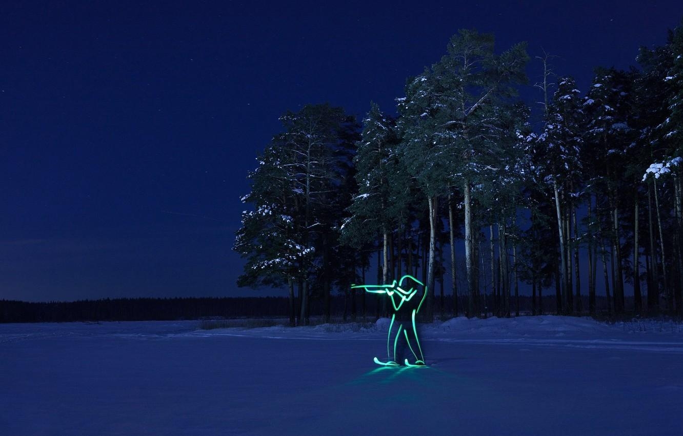 1340x850 Wallpaper winter, forest, night, silhouette, Olympics, biathlon, Desktop
