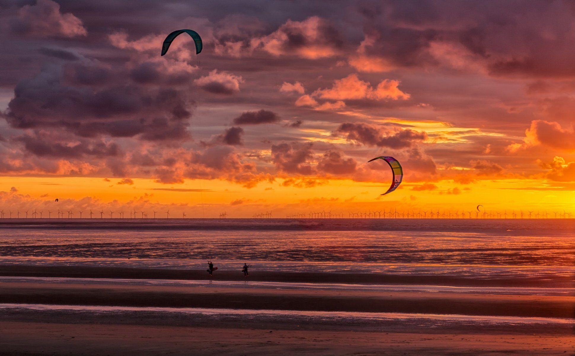1940x1200 beach sunset kite surfers new brighton HD wallpaper, Desktop