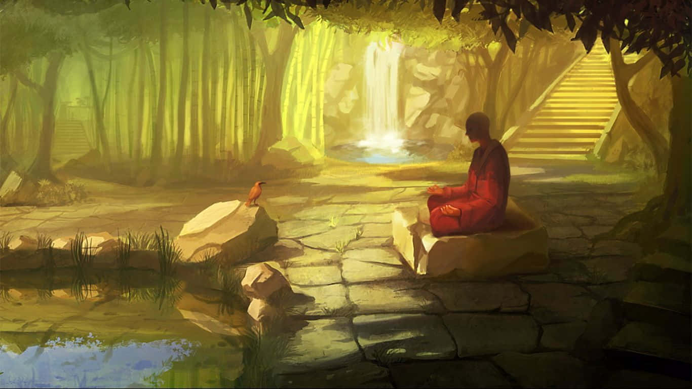 1370x770 Download Zen Desktop Painting Monk Meditating With A Bird Wallpaper, Desktop