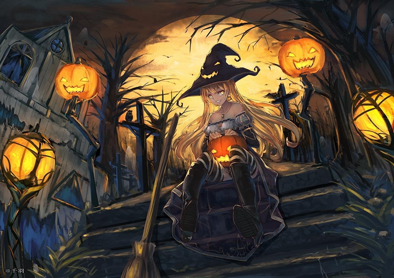 1280x910 Desktop Wallpaper Halloween Witch Hat Anime female, Desktop