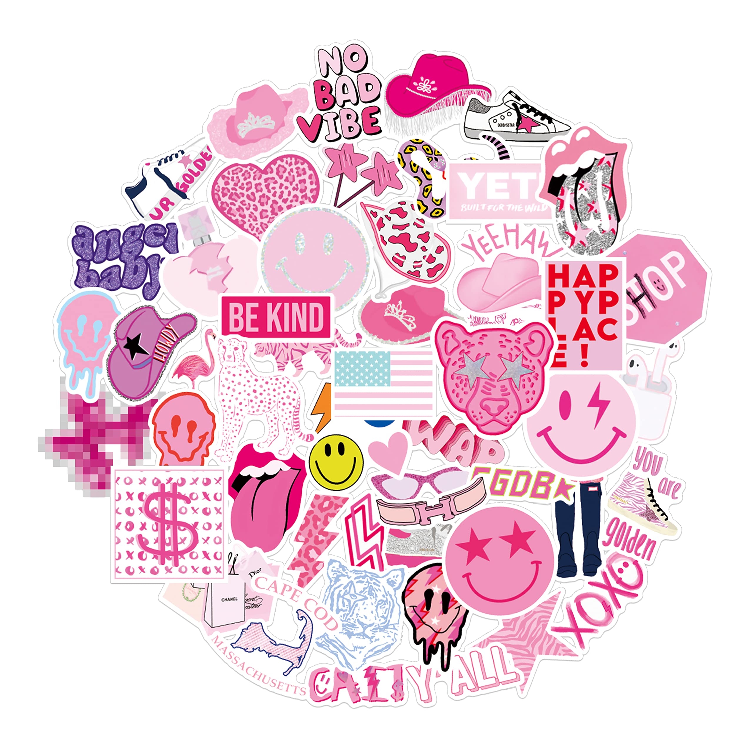 2560x2560 52Pcs Preppy Smile Happy Face Bolt Vinyl Sticker Party Supplies Cowgirl Vinyl Waterproof Sticker Aesthetic Stickers Decor Pink Party Mobile Phone Stickers for Laptop Water Bottle Potion Bottle, Phone