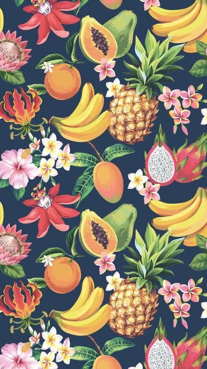 700x1250 Summer Wallpaper Fruits Passion Fruit Pineapples Bananas Flowers Black Background. Cute Computer Background, Cute Summer Wallpaper, Cute Wallpaper, Phone