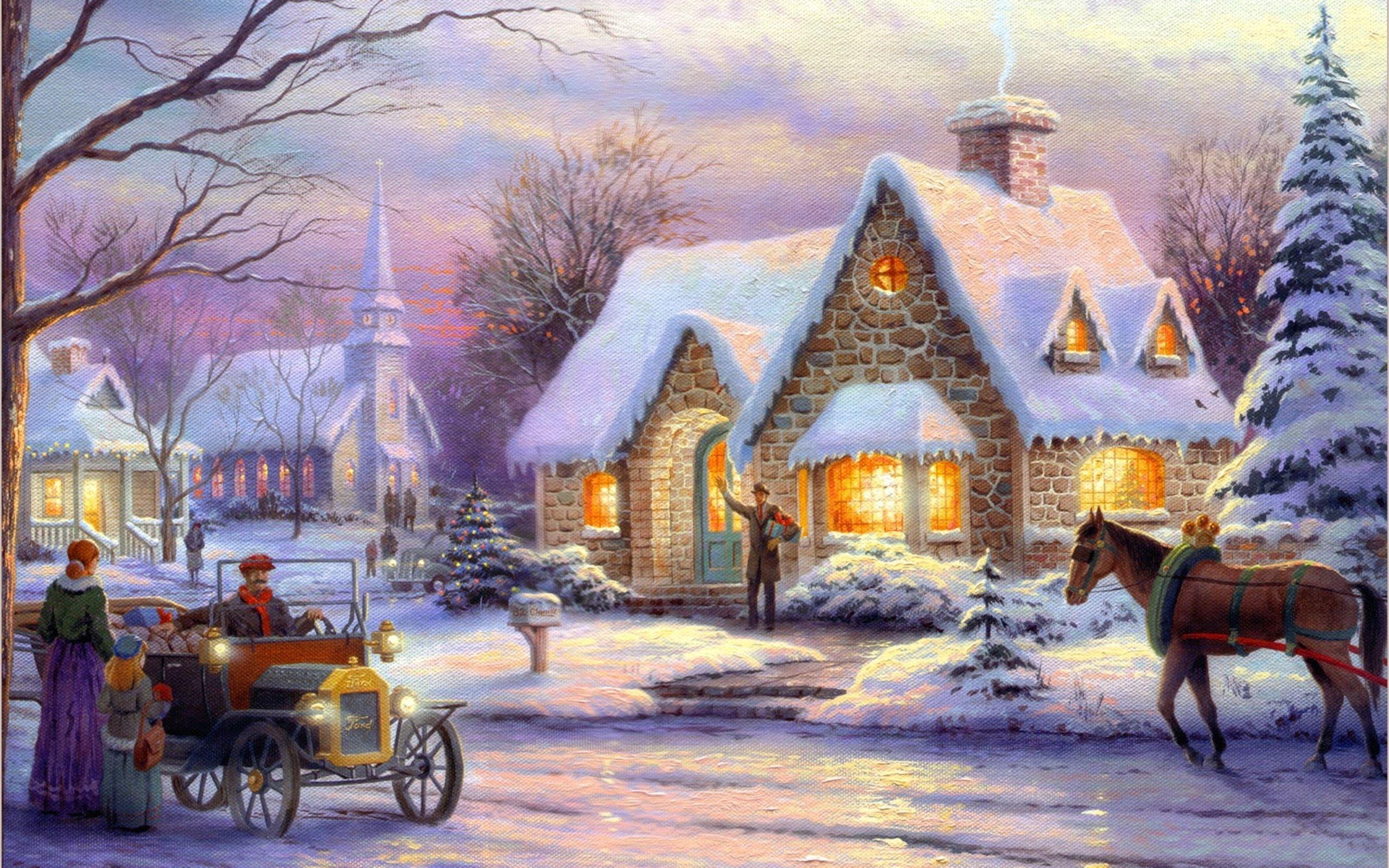 2560x1600 by Thomas Kinkade winter home aglow horse church old, Desktop