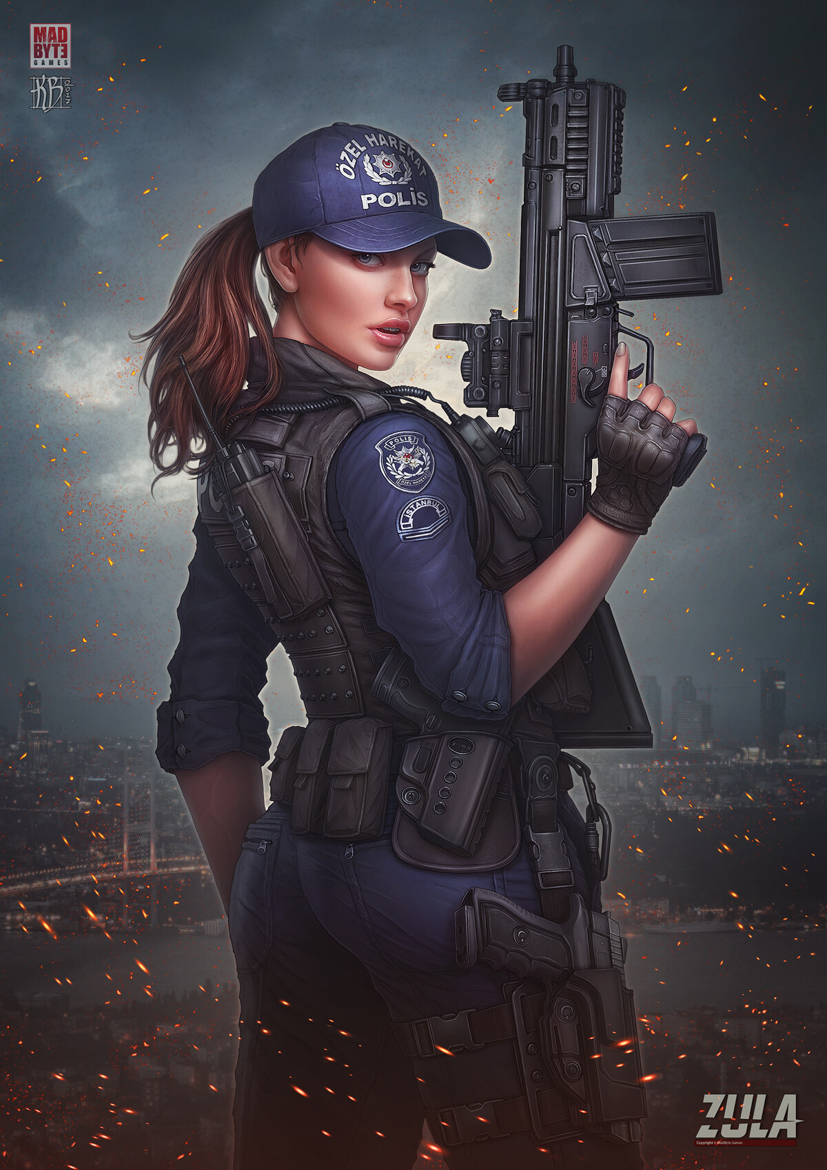 1200x1700 Wallpaper, Kerem Beyit, artwork, police women, girls with guns, machine gun, standing, hat, uniform, looking at viewer, Phone