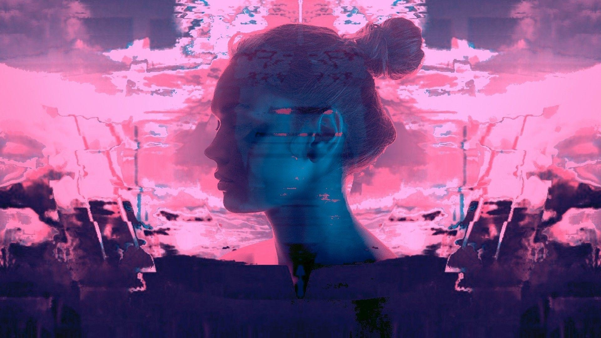 1920x1080 women, Hair Bun, Closed Eyes, Glitch Art, Vaporwave Wallpaper HD, Desktop