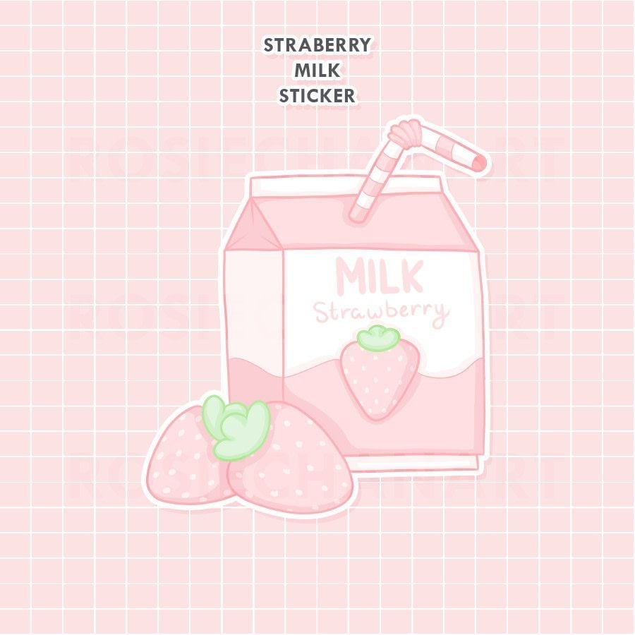 900x900 Strawberry Milk Sticker. RosieChan Art. Kawaii Planner Stationery. rosiechann. Cute food drawings, Strawberry art, Milk drawing, Phone