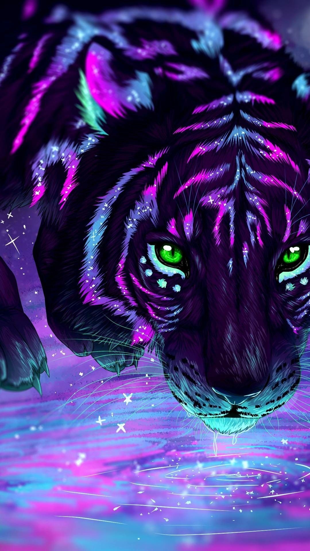 1080x1920 Magical tiger, black, blue, pink, purple, green. Разноцветные животные, Мифические существа, Картины животных, Phone