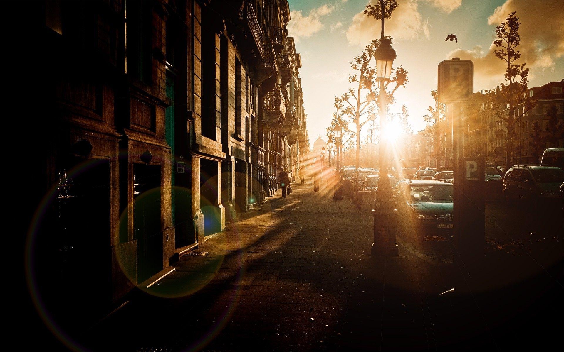 1920x1200 sunset cityscapes streets urban sunlight Belgium Brussels, Desktop