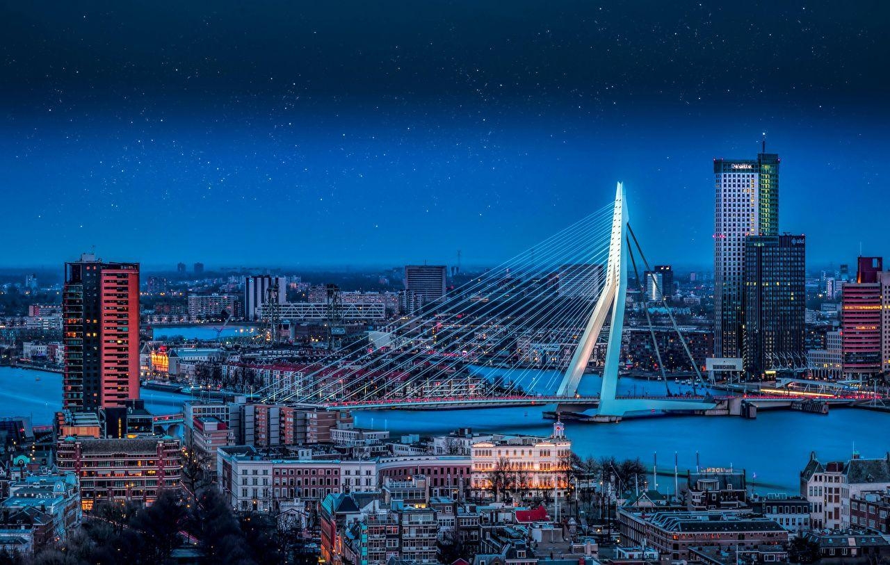 1280x820 Wallpaper Netherlands Rotterdam Bridges Rivers Evening Cities Houses, Desktop