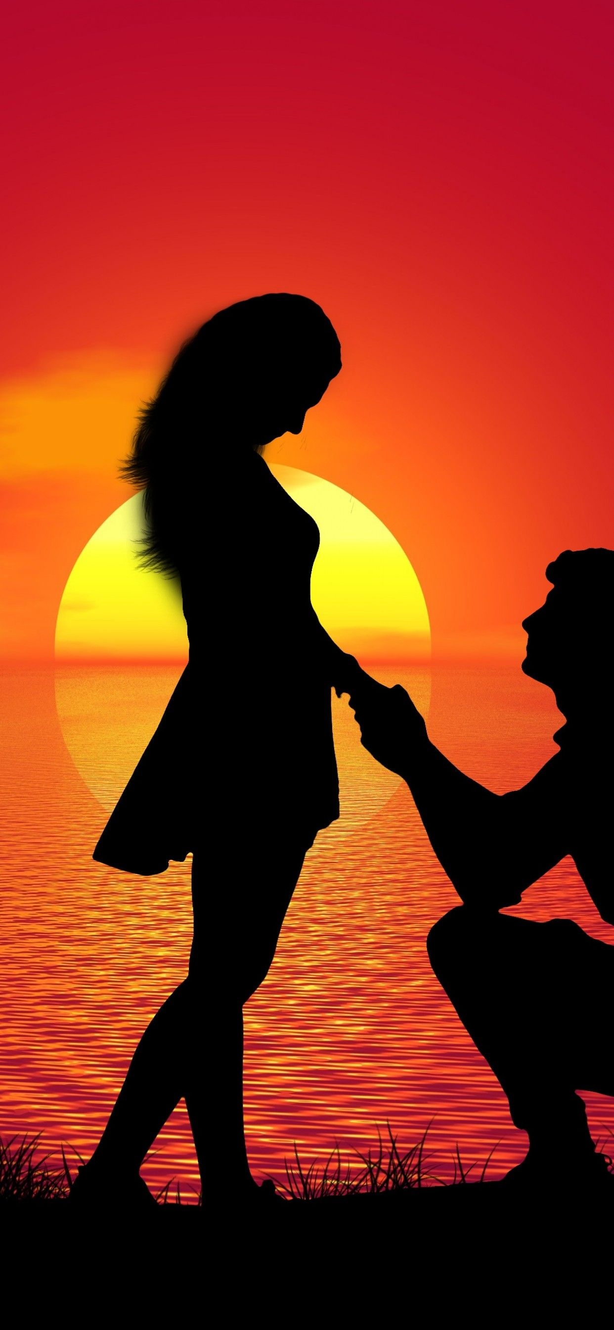 1250x2690 Couple 4K Wallpaper, Sunset, Proposal, Silhouette, Romantic, Lovers, Together, Love, Phone