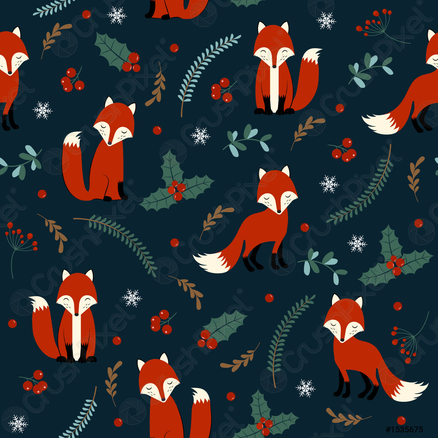 1500x1500 Christmas seamless pattern with fox background Winter pattern with holly, Phone