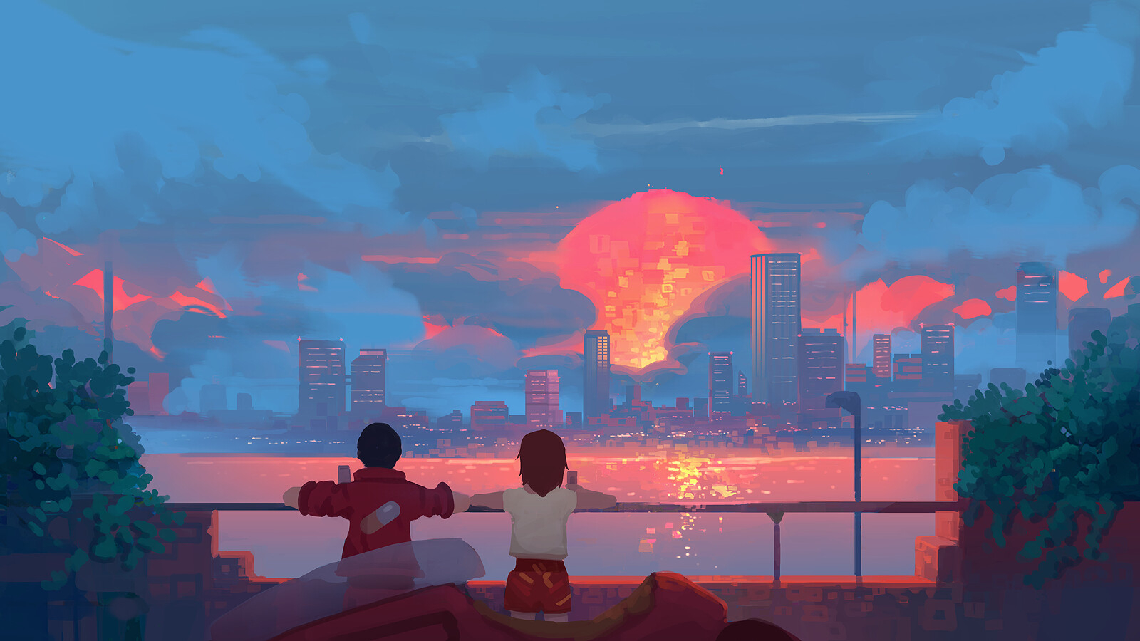 1600x900 Wallpaper, Akira, motorcycle, city, anime, sunset, water, Desktop