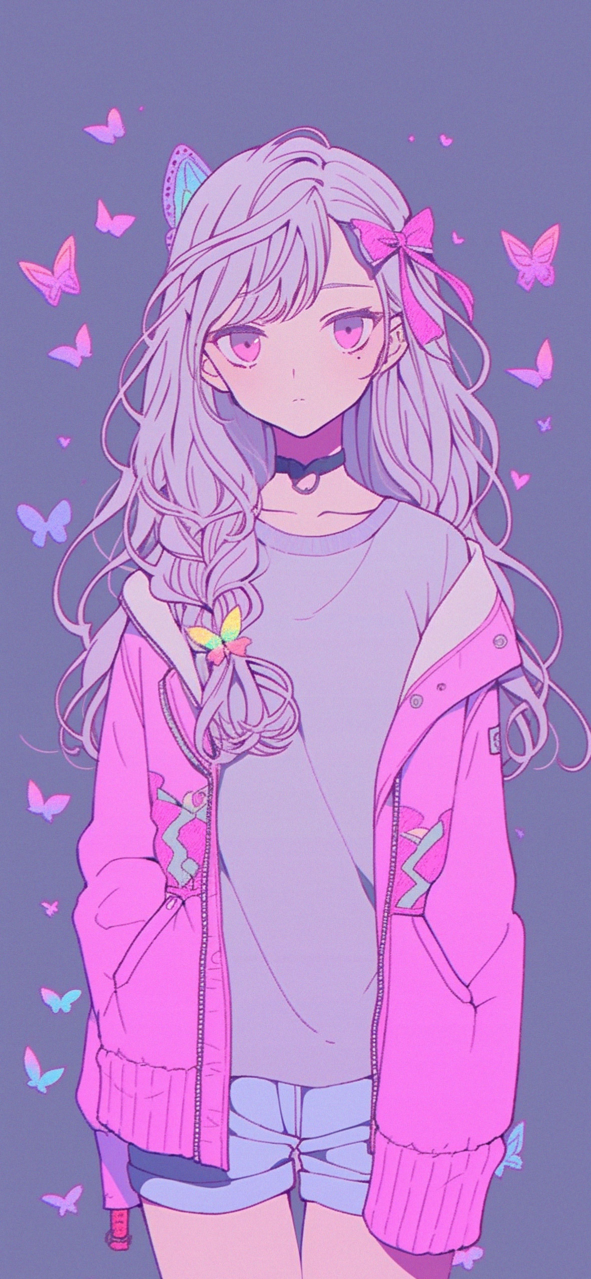 1190x2560 Cute Anime Girl & Butterflies Purple, Phone