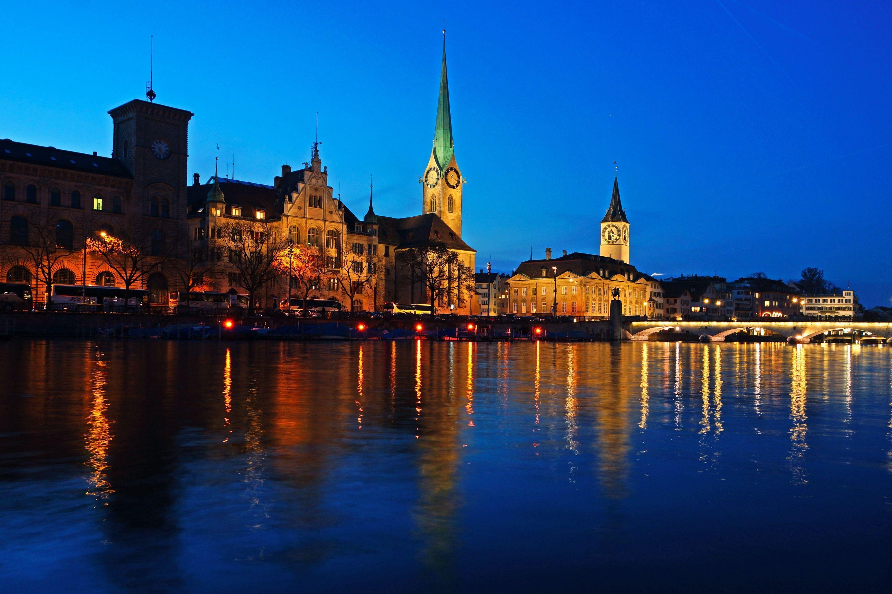 3080x2050 image Zurich Switzerland Rivers night time Cities, Desktop