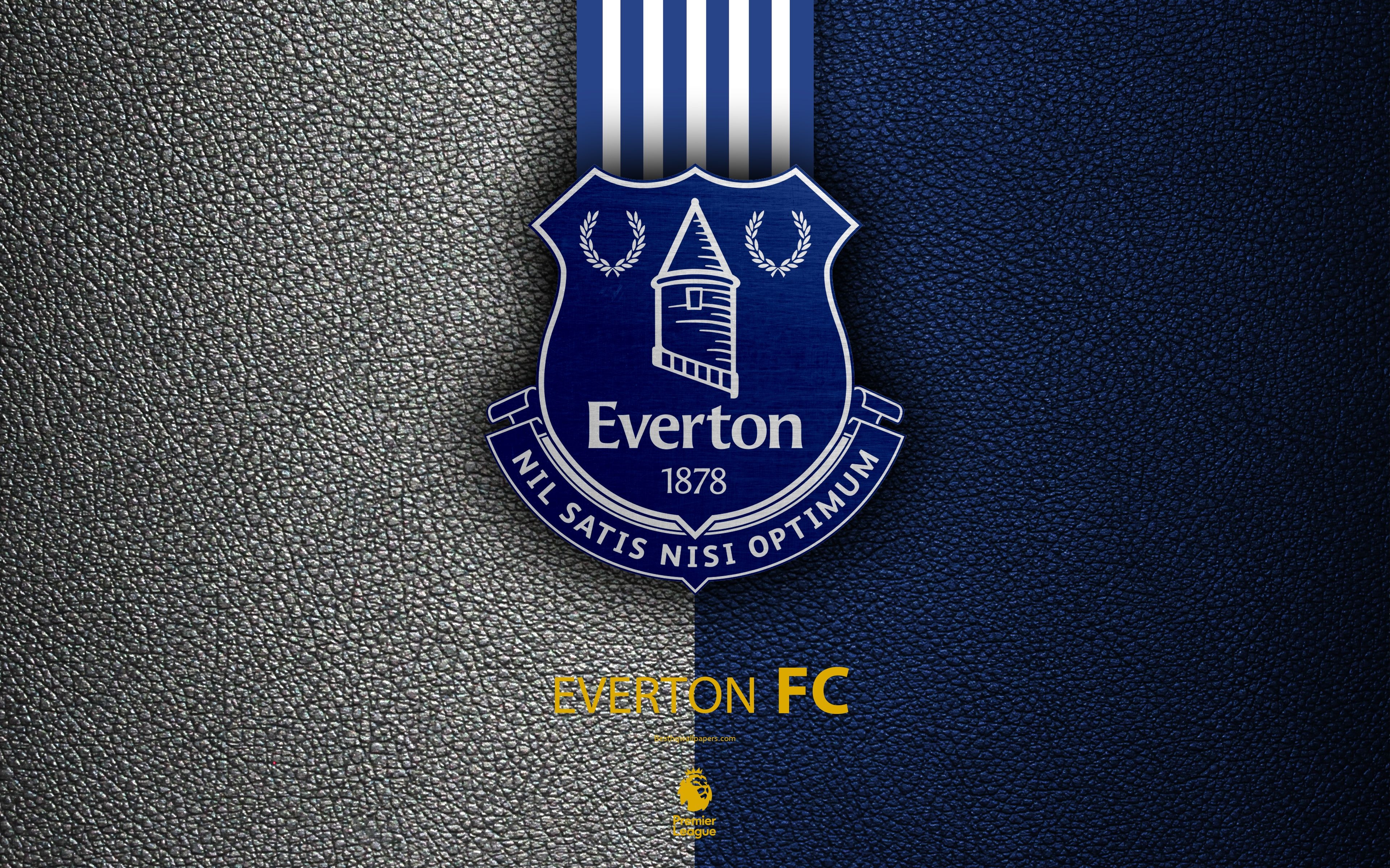 3840x2400 Download wallpaper Everton FC, 4K, English football club, leather texture, Premier League, Everton logo, emblem, Liverpool, England, United Kingdom, football for desktop with resolution. High Quality HD picture wallpaper, Desktop