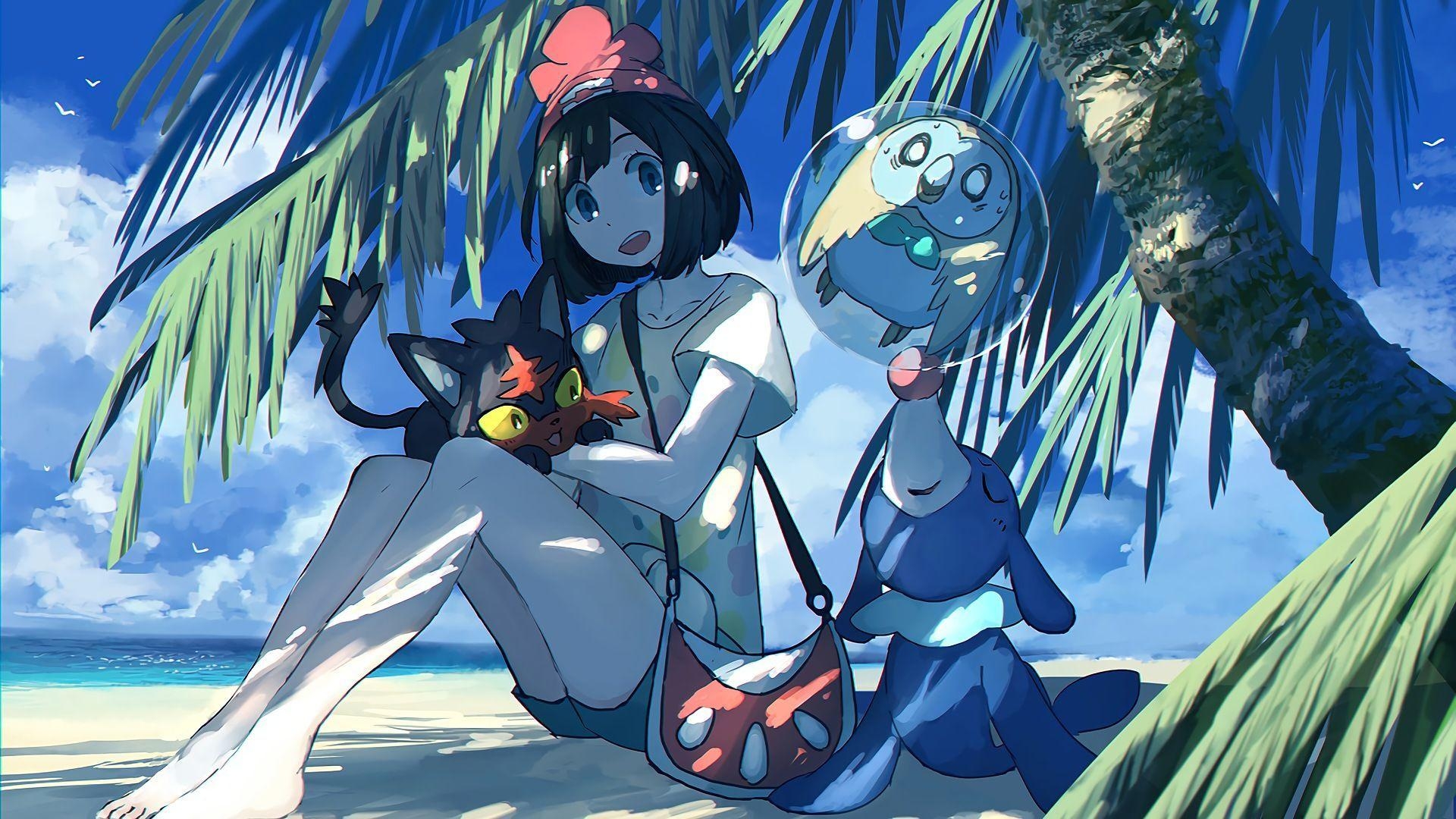 1920x1080 ipad pokemon sun wallpaper. Popplio, Litten, Rowlet, Girl, Pokemon, Desktop