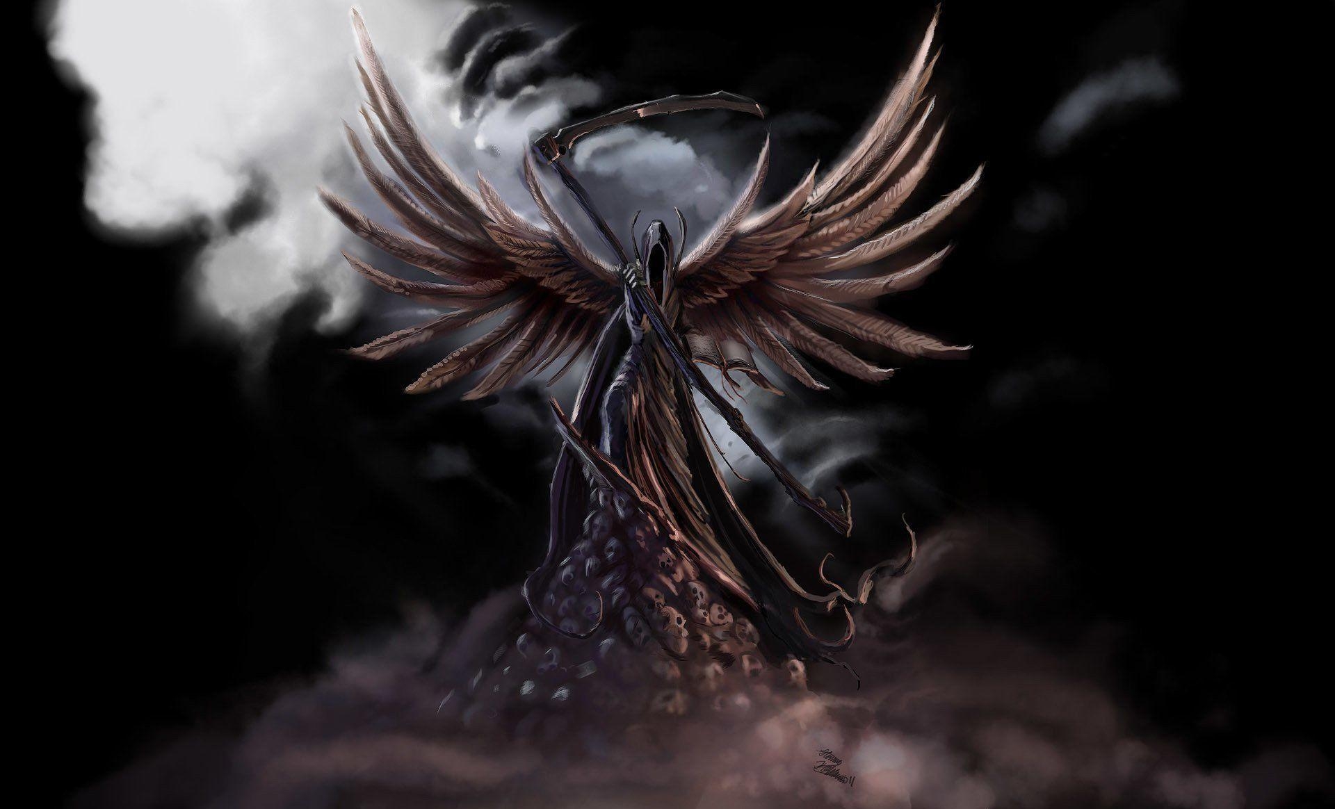 1920x1170 fiction dark angel wings death spit skull fog black background HD, Desktop