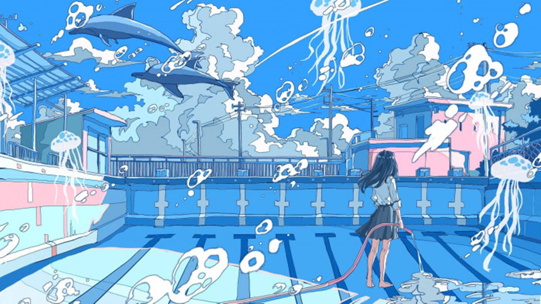 1790x1000 Download Blue Anime Swimming Pool Aesthetic Wallpaper, Desktop