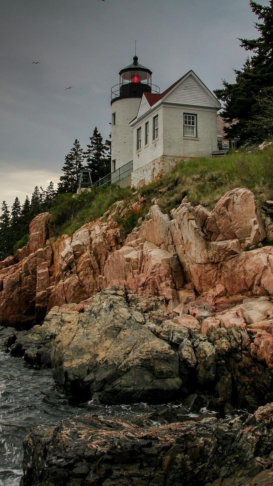 1080x1920 Landscapes trees maine rocks usa lighthouses sea wallpaper, Phone