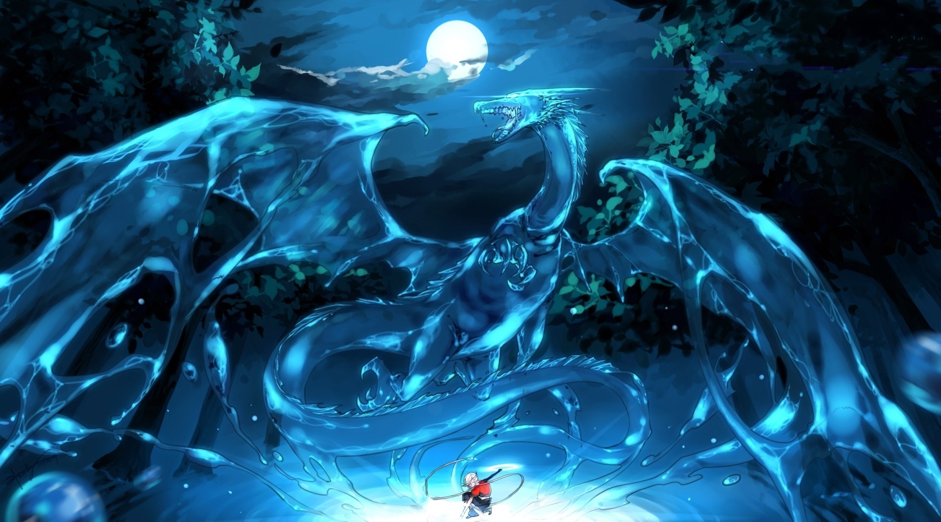 1920x1070 Download  Anime Boy, Dragon, Moonlight, Night, Water, Fantasy Wallpaper, Desktop