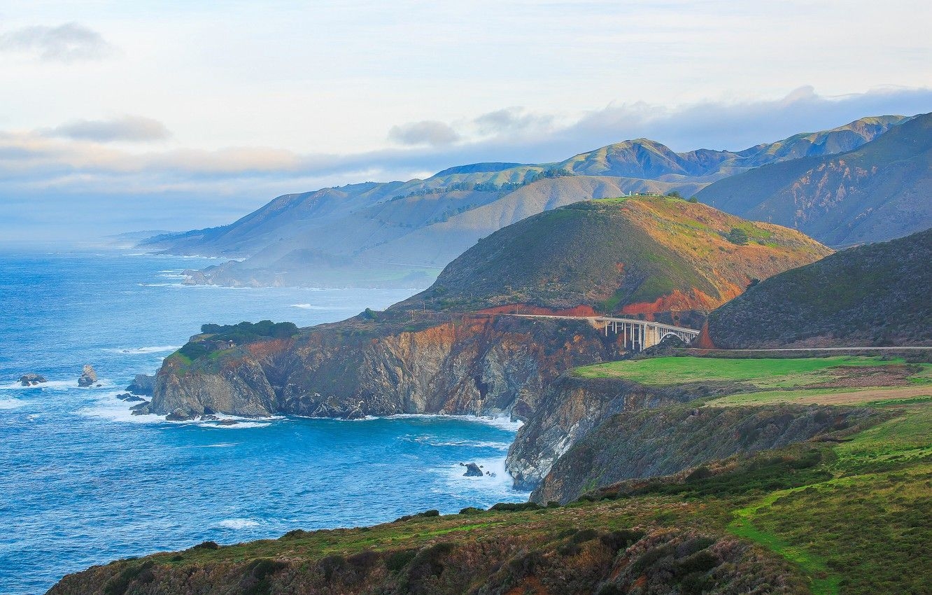 1340x850 Wallpaper sea, bridge, CA, USA, Monterey, mount, Bixby Creek, Desktop