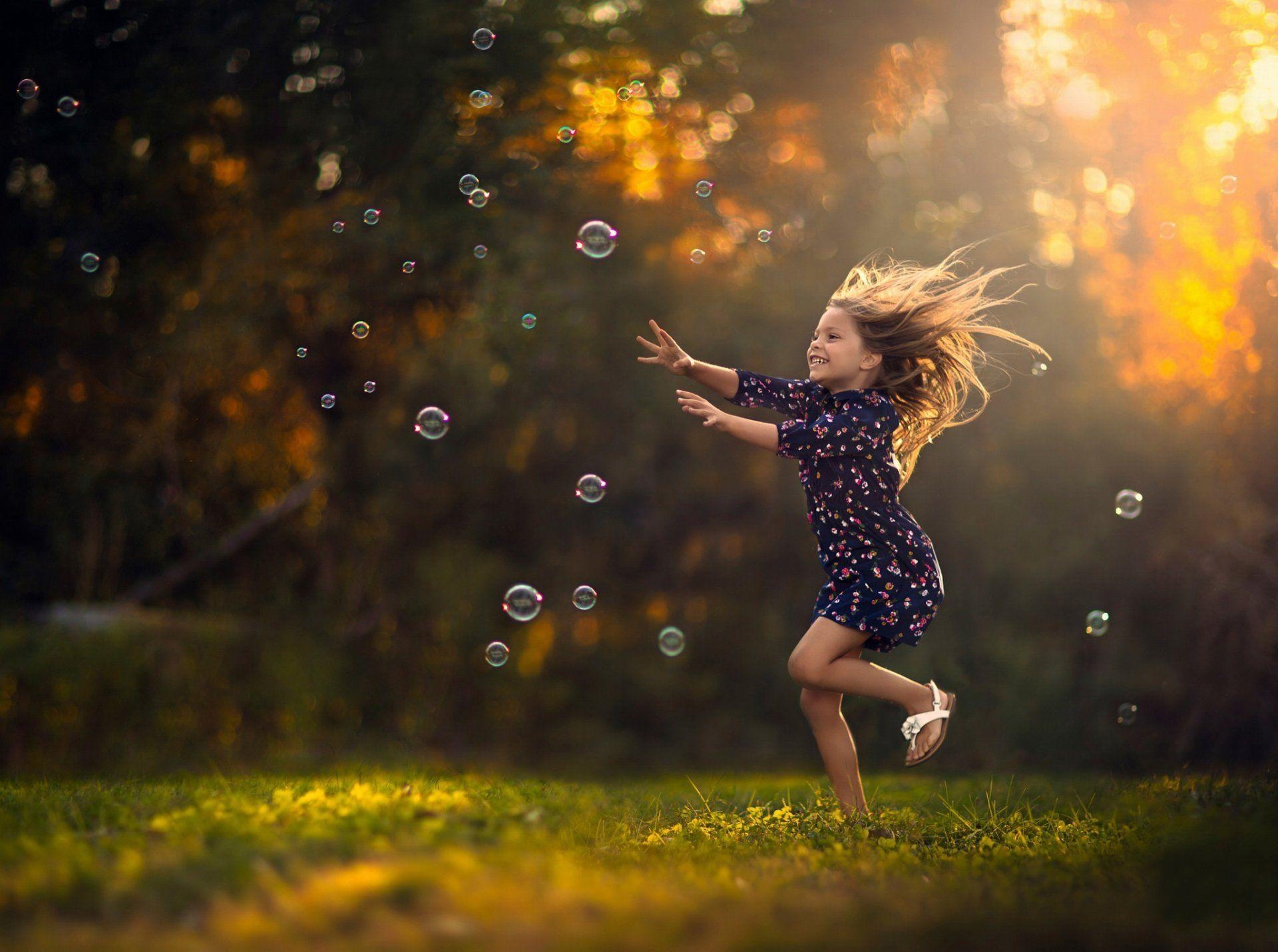 1920x1430 girl running bubbles happiness HD wallpaper, Desktop