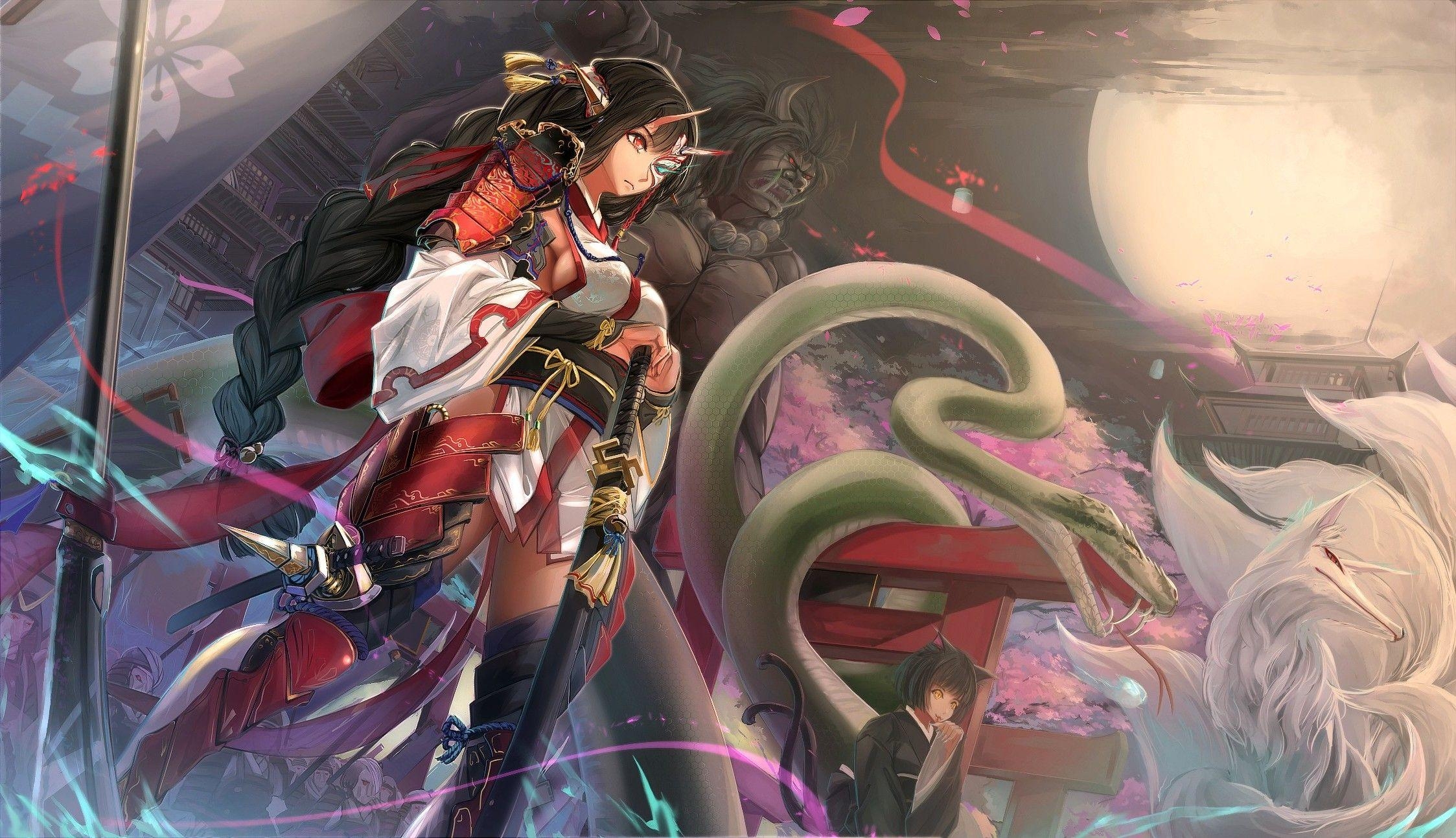 2250x1300 anime, Anime Girls, Original Characters, Snake, Fox, Samurai, Sword, Desktop